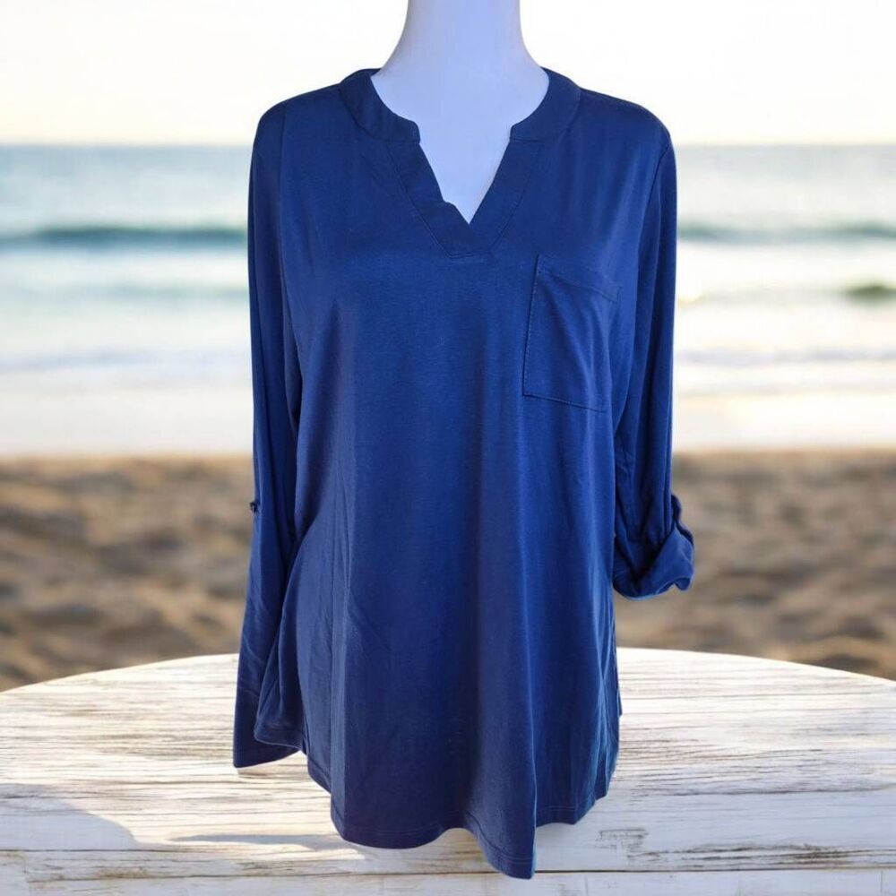 DG2 Diane Gilman Women's Size Large Blue Roll Tab Sleeve Blouse